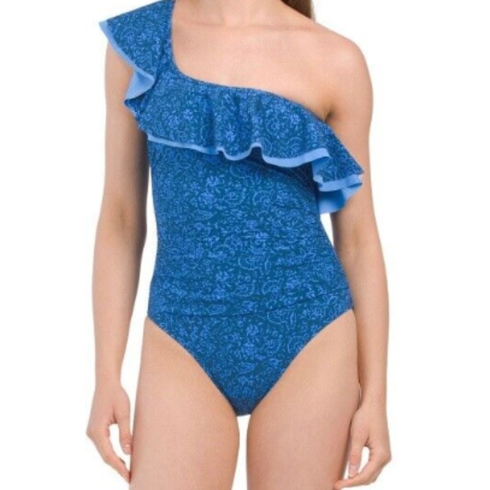 Brand New PROFILE BY GOTTEX MEHNDI RUFFLE ONE SHOULDER ONE PIECE SWIMSUIT
